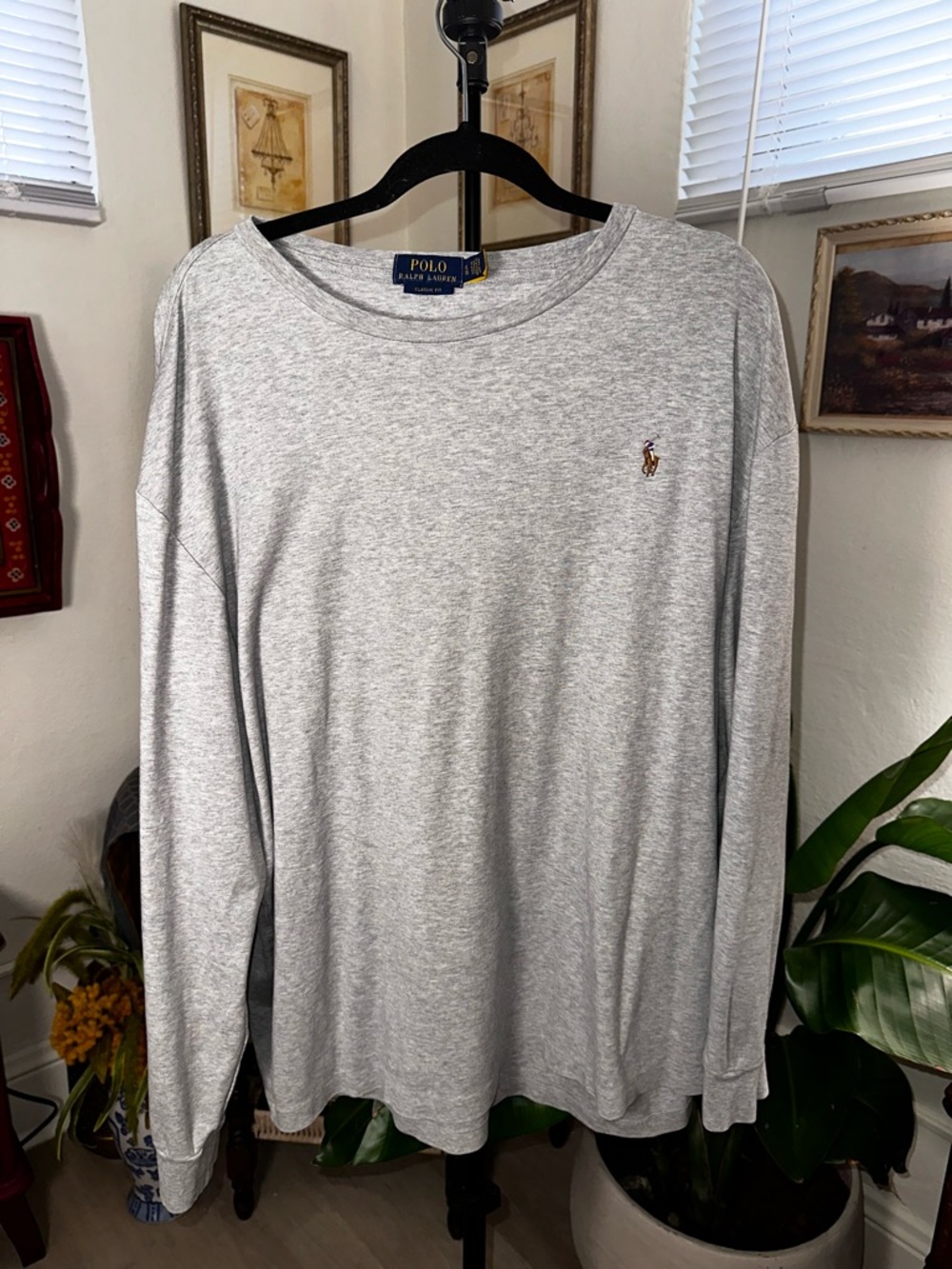 Polo by Ralph Lauren Classic Crewneck Long-Sleeve Shirt in Light Gray